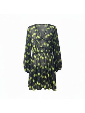 Topshop Floral Ruched Long Sleeve Dress In Medium Green, Sz. M -no underslip